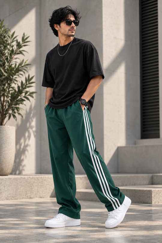 Men's Streetwear Triple Stripe Baggy Track Pants TWO SIDE ZIP  - Green – 7MAN Men's Fashion India