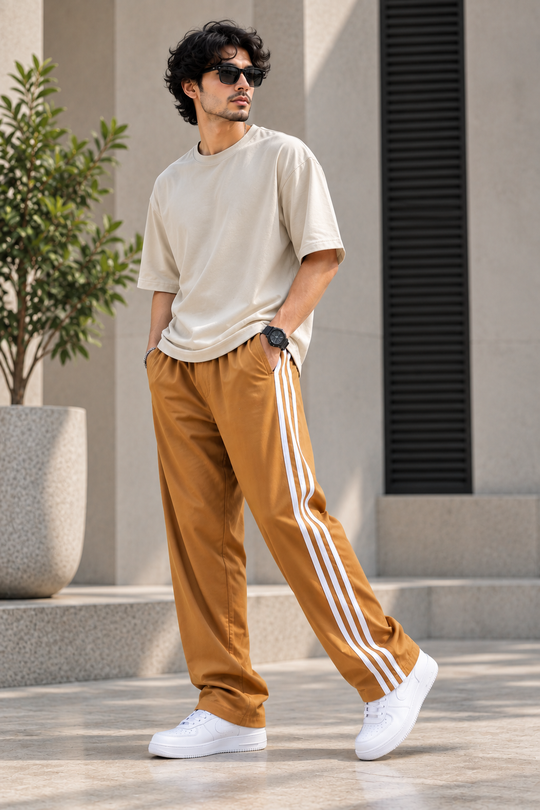 Men's Streetwear Triple Stripe Baggy Track Pants TWO SIDE ZIP  - Mustard – 7MAN Men's Fashion India