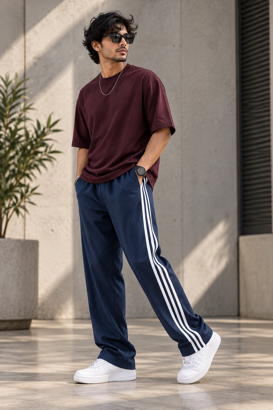 Men's Streetwear Triple Stripe Baggy Track Pants TWO SIDE ZIP  - Navy Blue – 7MAN Men's Fashion India