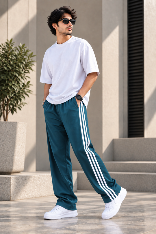 Men's Streetwear Triple Stripe Baggy Track Pants TWO SIDE ZIP  - Teal Blue – 7MAN Men's Fashion India