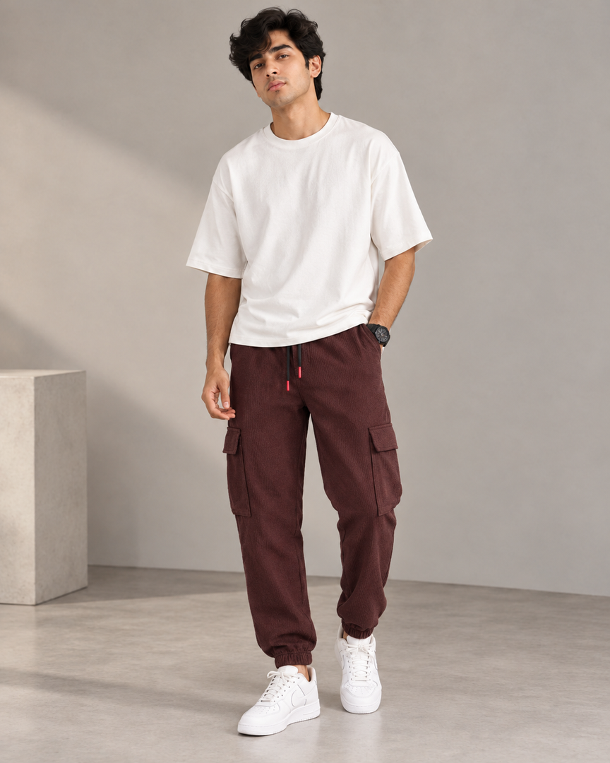 ATTRACTIVE MEN'S POPCORN CARGO TRACK PANT- Coffee Brown