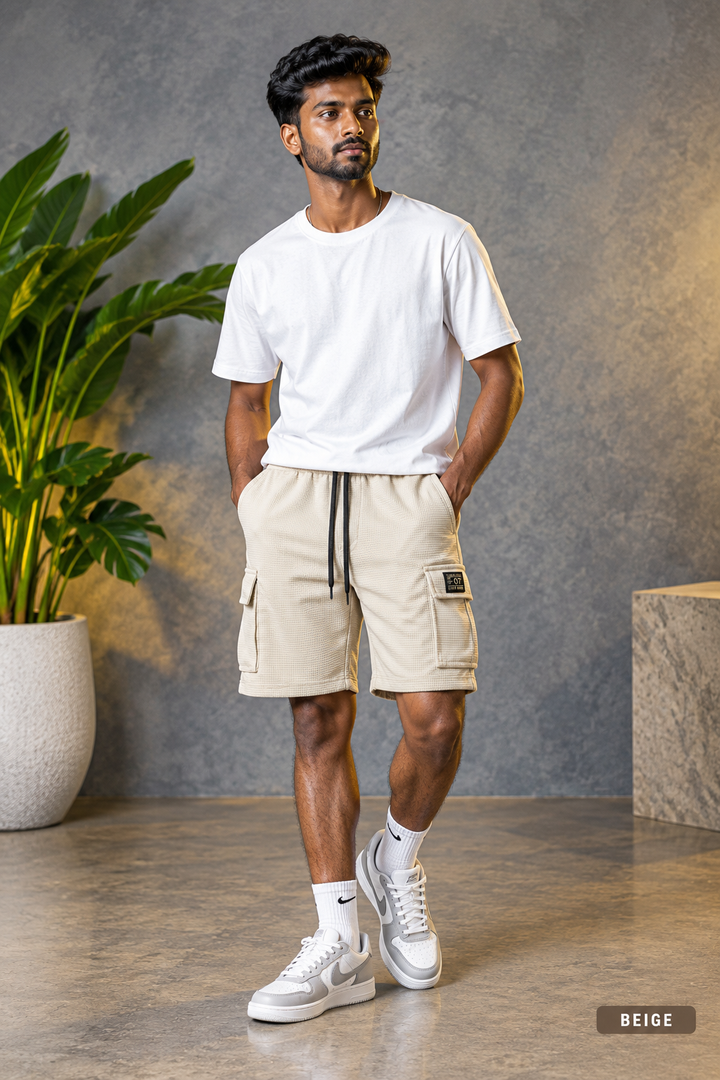 Daily Wear Men's Designer Fabric Textured Cargo Shorts - Beige
