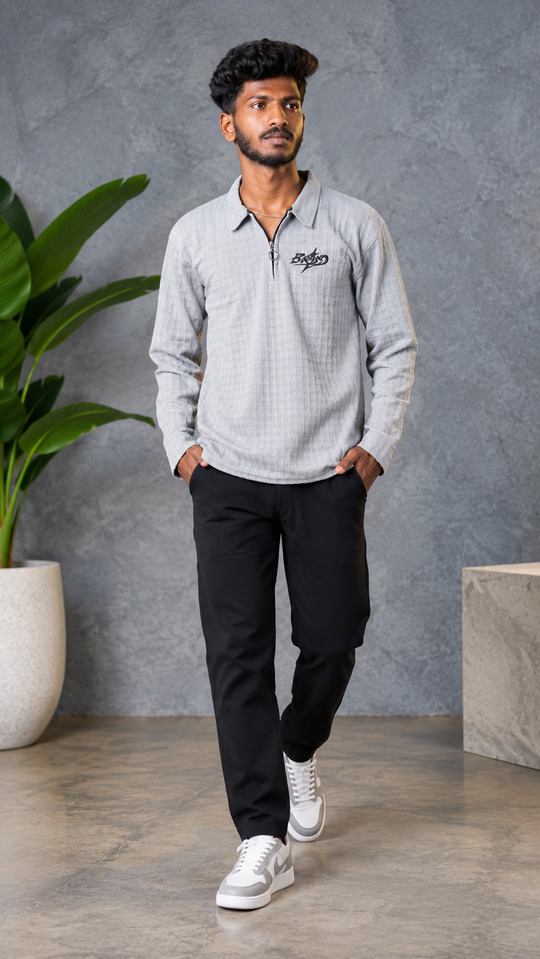 Men's BRAND Korean Full Sleeve Quarter-Zip Polo Tshirt- Ash – 7MAN Men's Fashion India