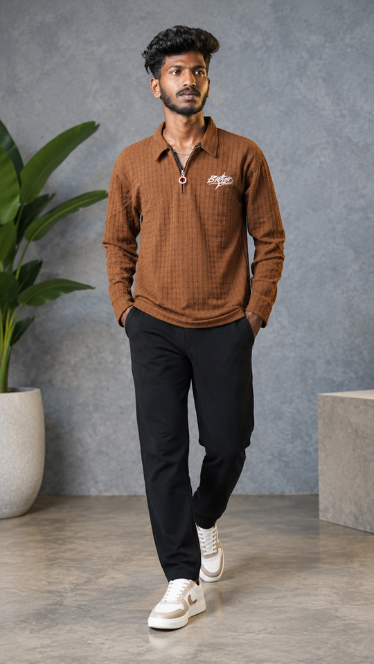Men's BRAND Korean Full Sleeve Quarter-Zip Polo Tshirt- Brown – 7MAN Men's Fashion India