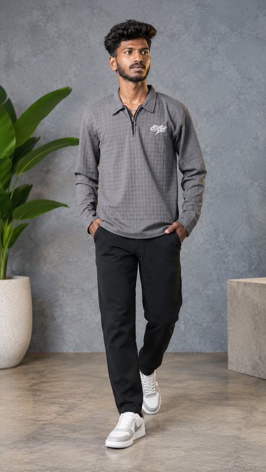 Men's BRAND Korean Full Sleeve Quarter-Zip Polo Tshirt- Grey – 7MAN Men's Fashion India