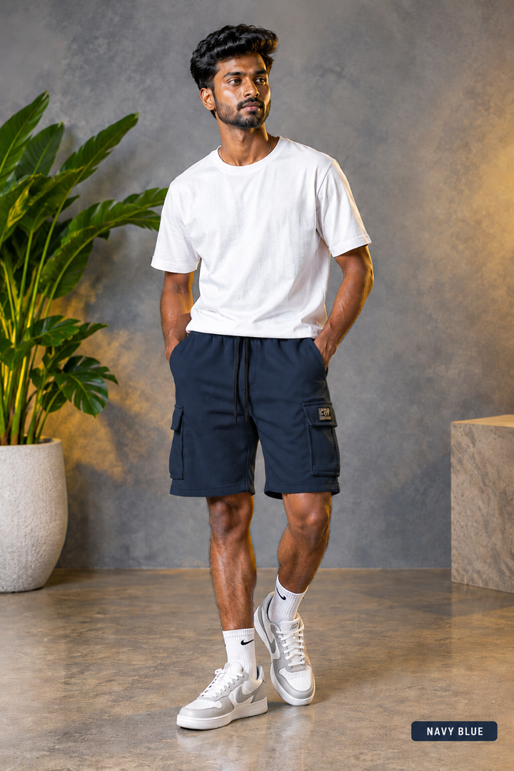 Daily Wear Men's Designer Fabric Textured Cargo Shorts - Navy Blue
