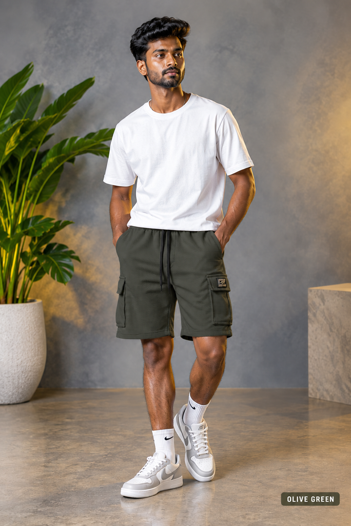 Daily Wear Men's Designer Fabric Textured Cargo Shorts - Olive Green