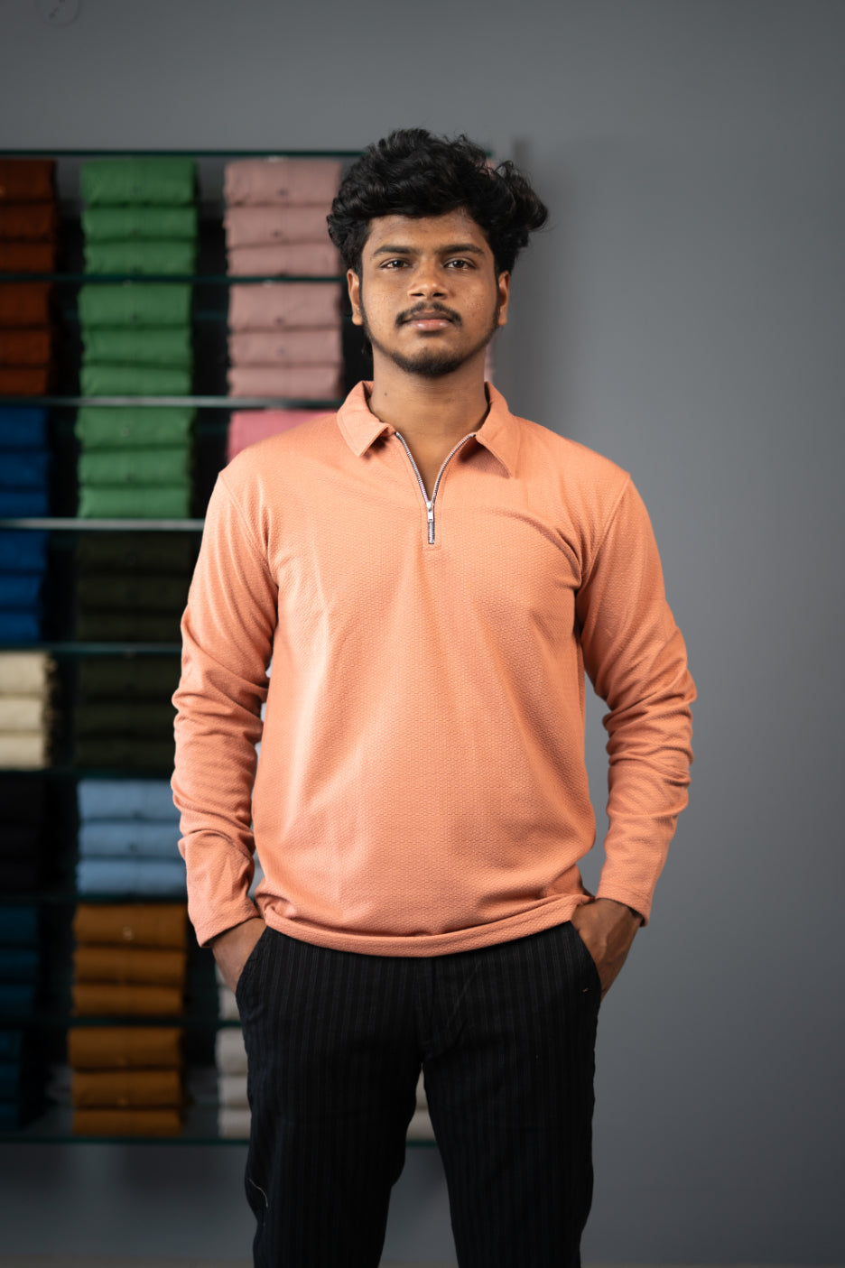 Full Sleeve Collar Neck Popcorn Plain Korean Zipper Tshirt - Orange