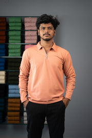 Full Sleeve Collar Neck Popcorn Plain Korean Zipper Tshirt - Orange