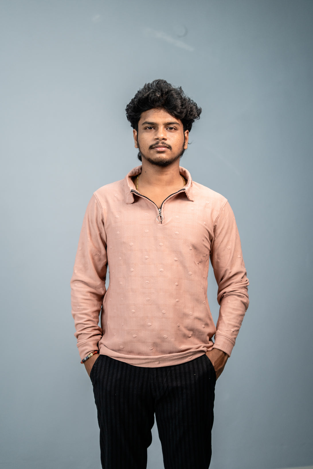 Premium Style Korean Zipper Circle Print Full Sleeve Tshirt for Men-Peach