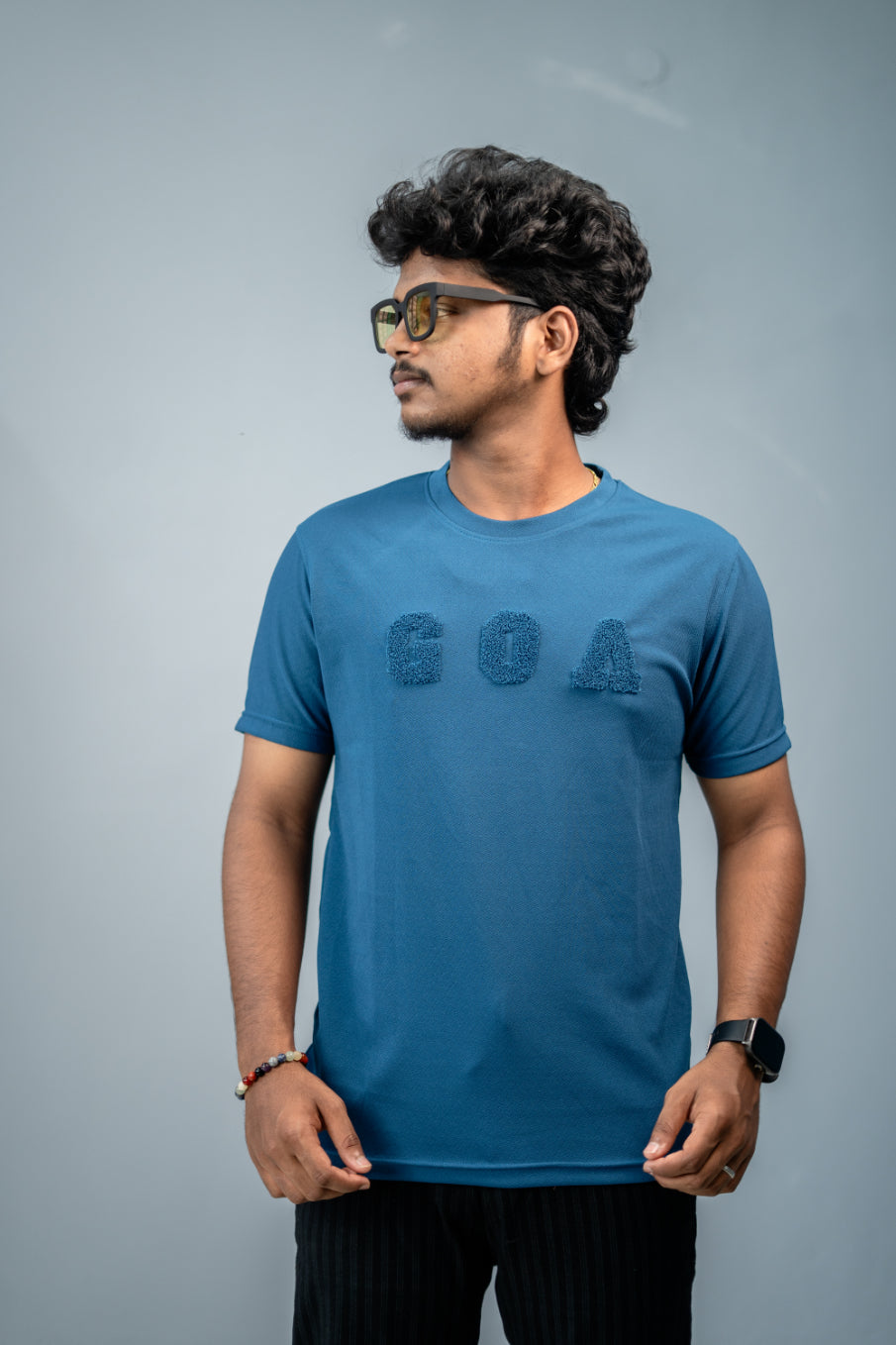 Short Sleeve Round Neck GOA Printed Tshirt -Petrol blue