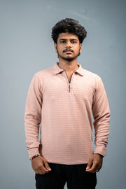 Textured Full Sleeve Korean Zipper Collar Tshirt- Peach