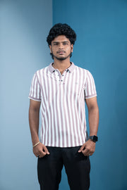 Short Sleeve Collar Neck Striped Korean Press Button for Men-Light Peach