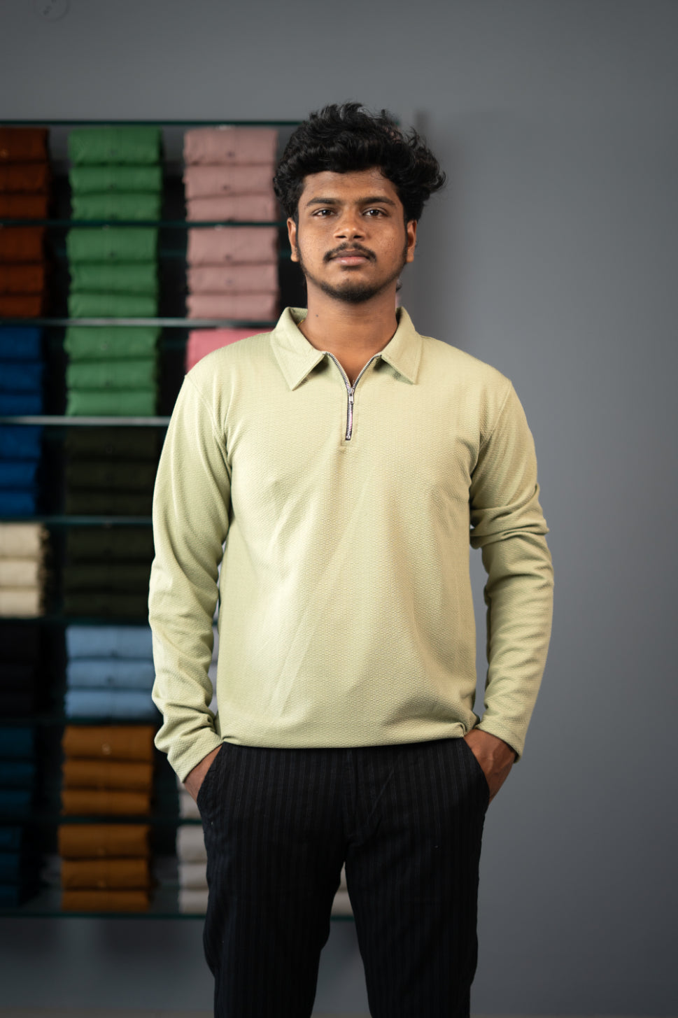 Full Sleeve Collar Neck Popcorn Plain Korean Zipper Tshirt - Pista Green