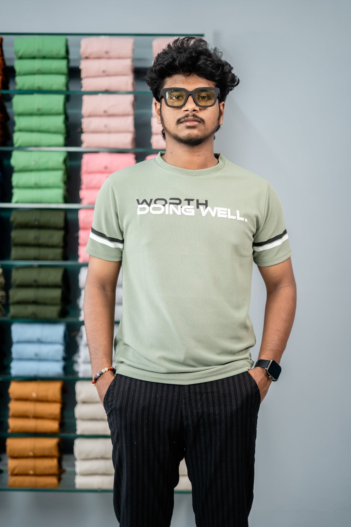Short Sleeve Round Neck WORTH DOING WELL Printed Tshirt-Pista Green