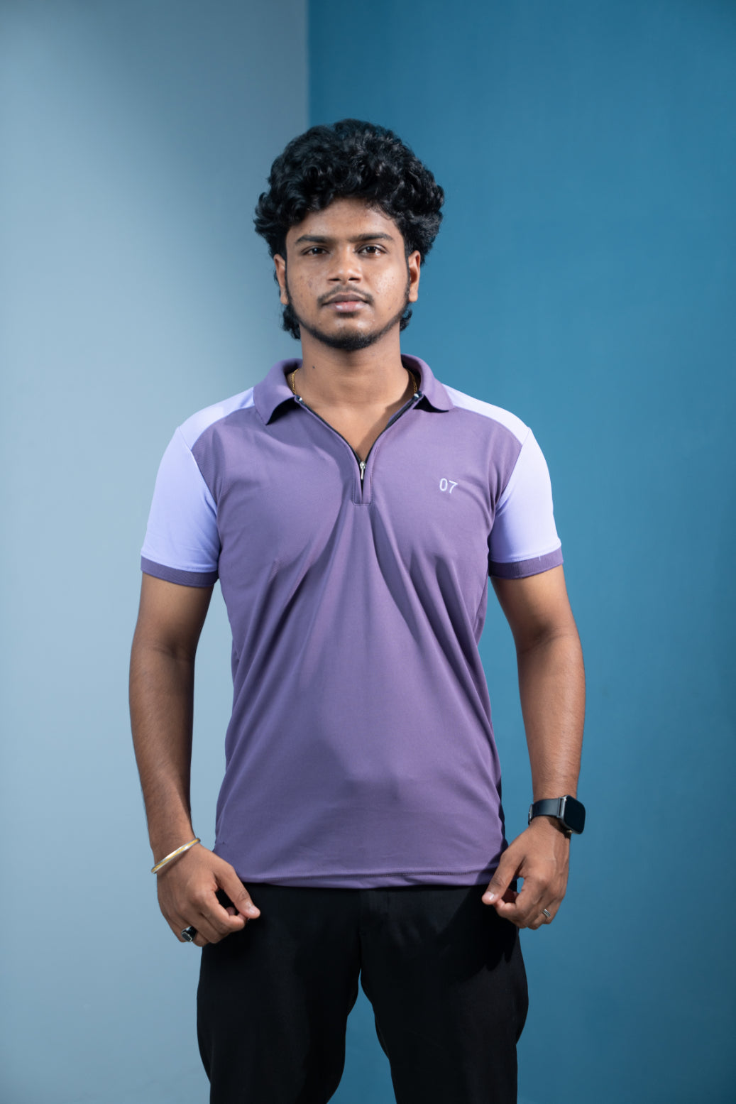 Dual-Tone Short Sleeve Zipper Collar T-Shirt for Men  Trending Korean Fit-Purple