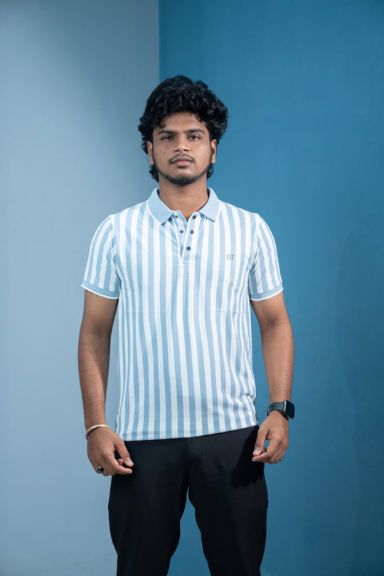 Short Sleeve Collar Neck Striped Korean Press Button for Men-Denim Blue – alternate view – 7MAN India