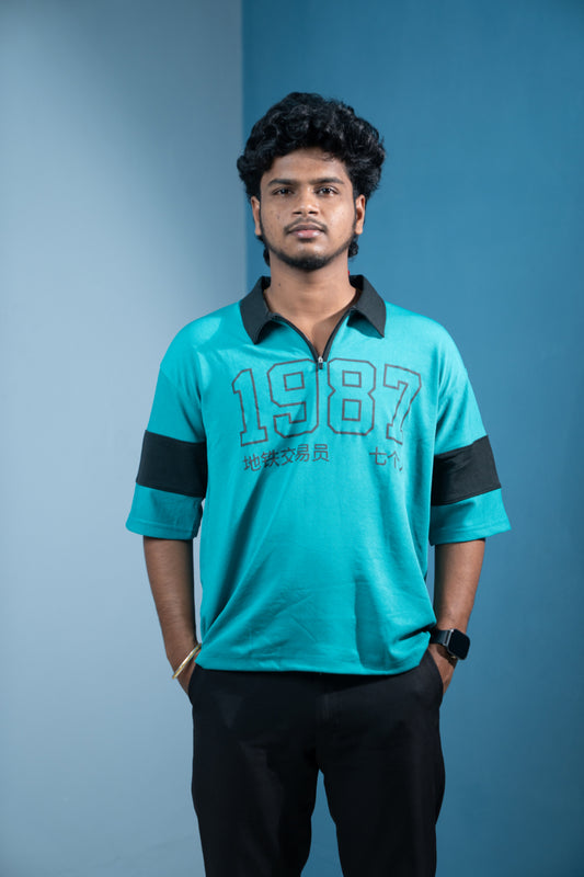 1987 Oversized Zipper T-Shirt for Men  Trending Korean Streetwear-Ramar Green