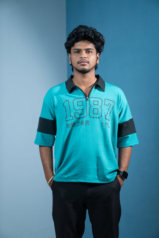 1987 Oversized Zipper T-Shirt for Men  Trending Korean Streetwear-Ramar Green