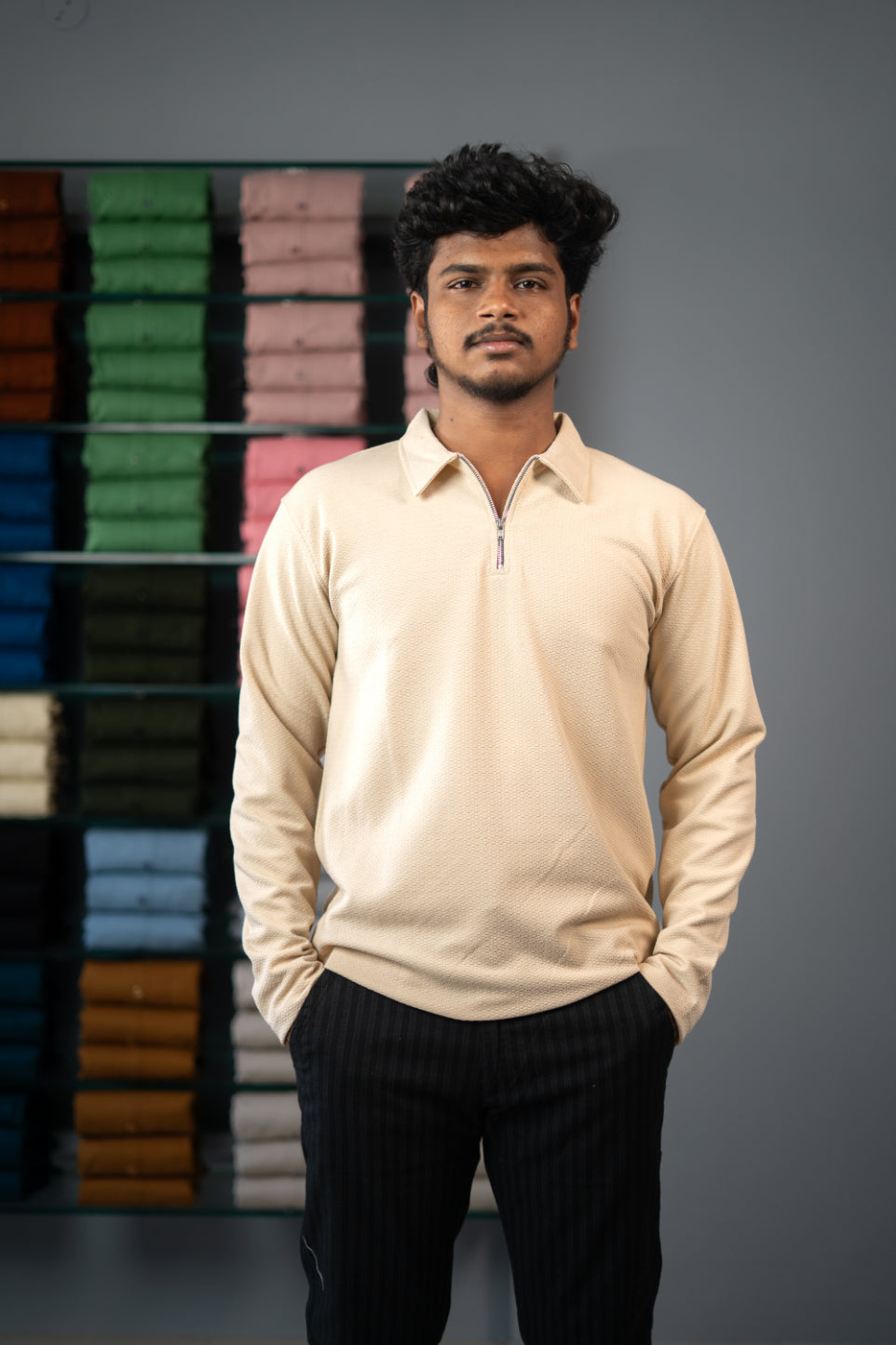 Full Sleeve Collar Neck Popcorn Plain Korean Zzipper Tshirt-Sandle