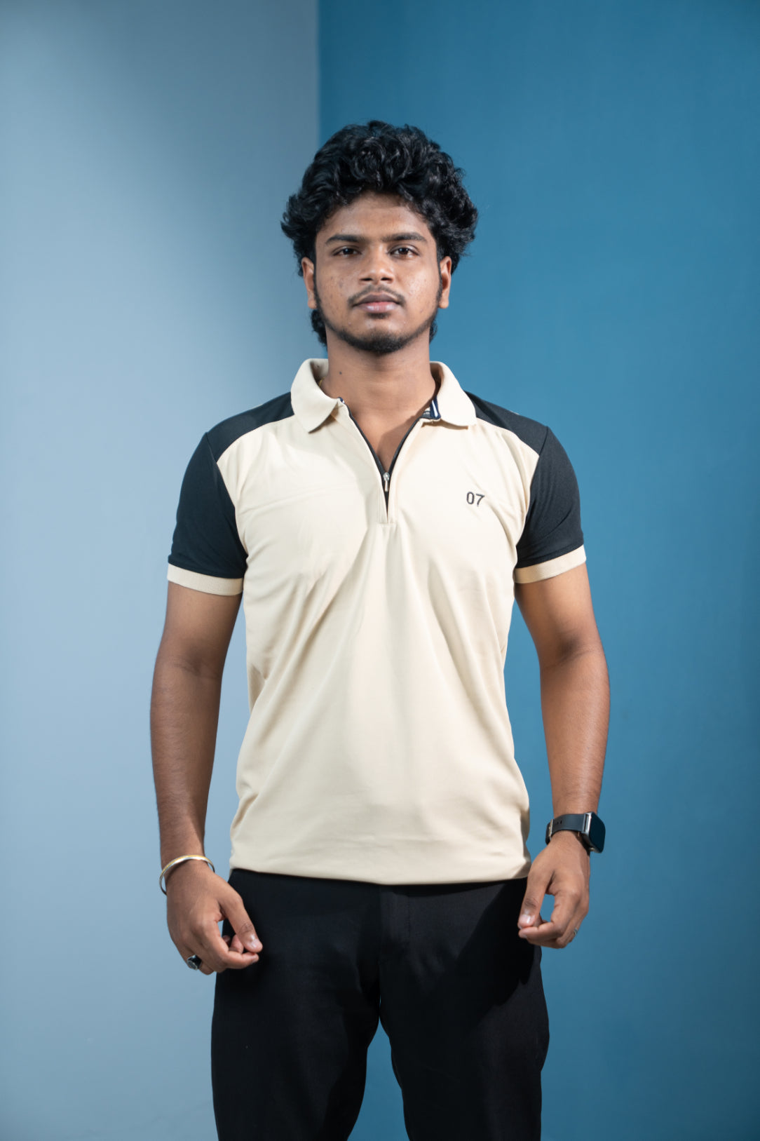 Dual-Tone Short Sleeve Zipper Collar T-Shirt for Men  Trending Korean Fit-Sandle