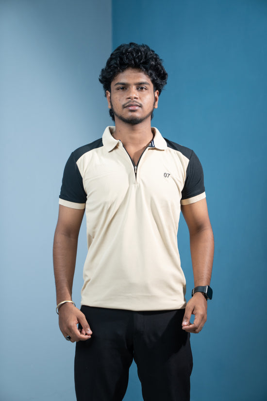 Dual-Tone Short Sleeve Zipper Collar T-Shirt for Men  Trending Korean Fit-Sandle