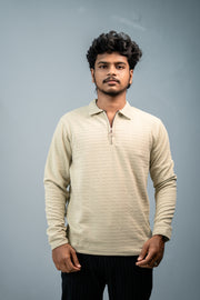 Textured Full Sleeve Korean Zipper Collar Tshirt-Sandle