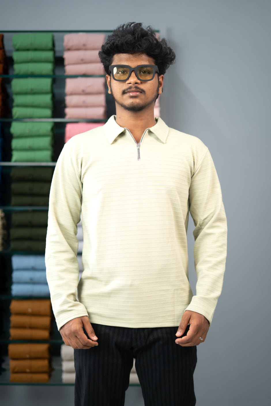 Stylish Full Sleeve Korean Zipper Collar Tshirt-Pista Green