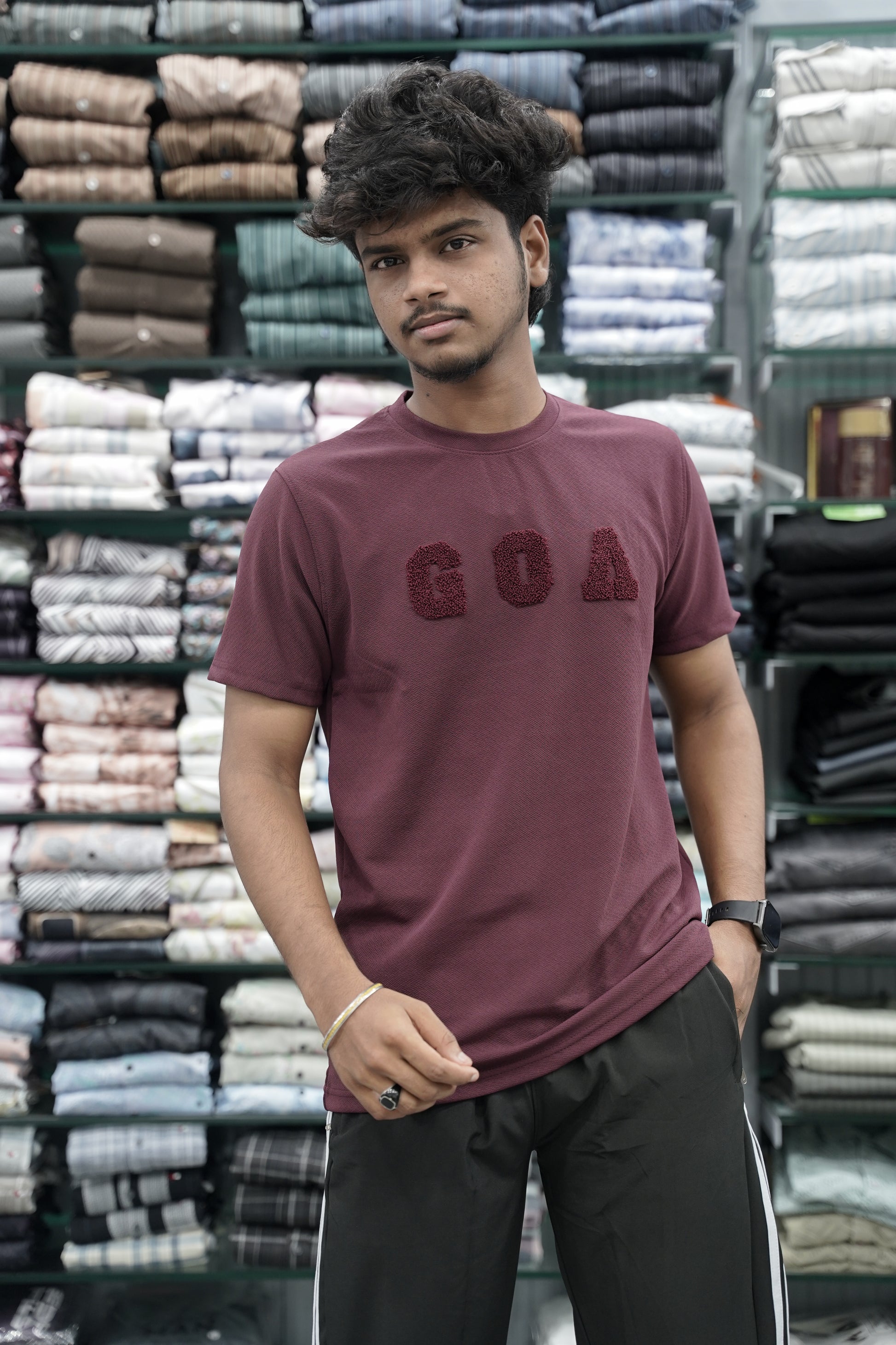 Short Sleeve Round Neck Tshirt for Men with GOA Printed - Maroon-7 Man