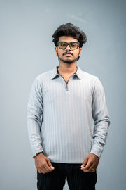 Unique Style Full Sleeve Striped Korean Zipper Tshirt- Ash