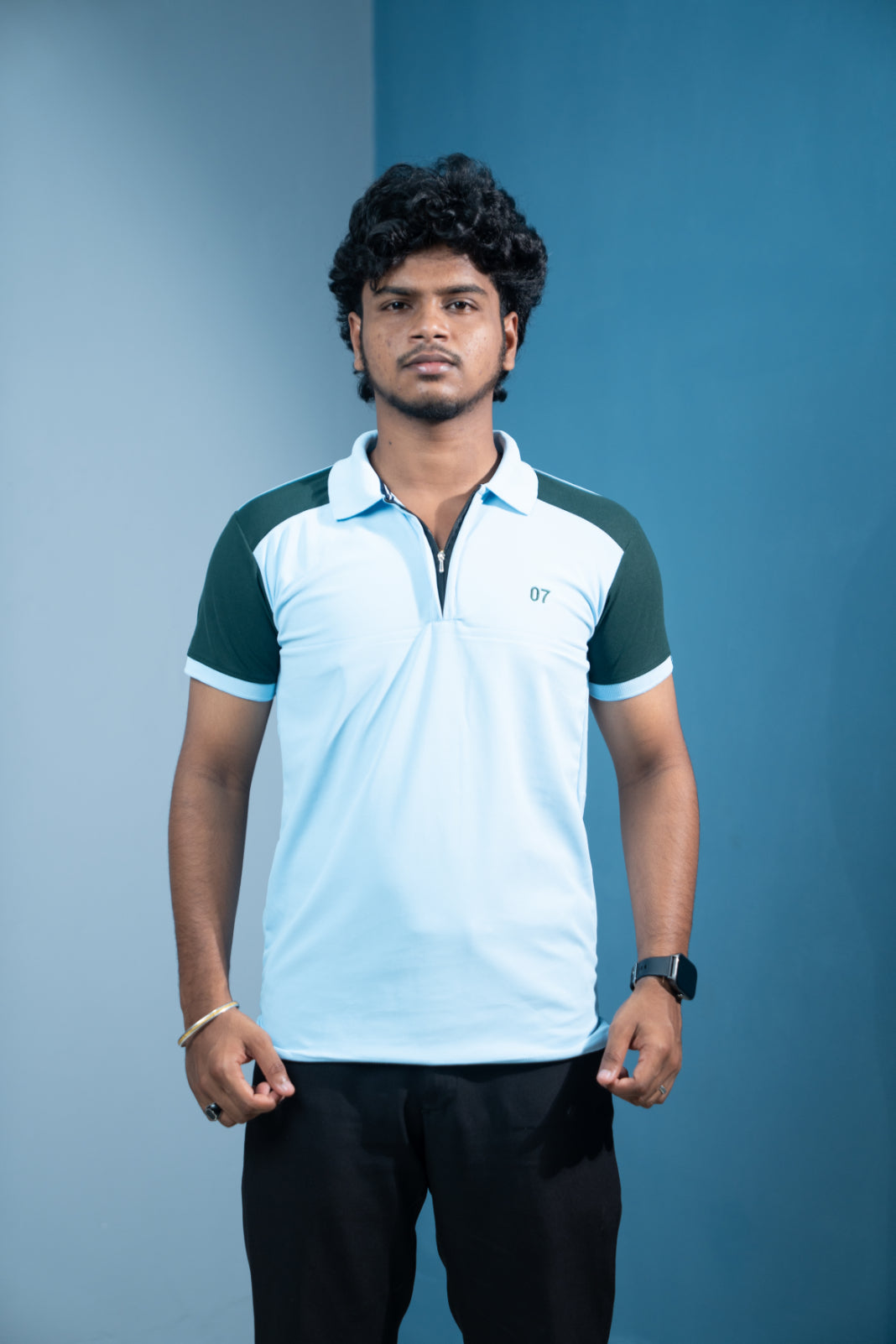 Dual-Tone Short Sleeve Zipper Collar T-Shirt for Men  Trending Korean Fit-Sky Blue