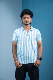 Short Sleeve Collar Neck Striped Korean Press Button for Men-Ice Blue