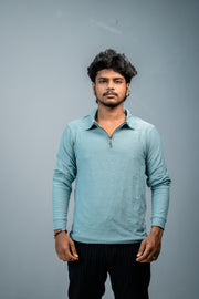 Premium Style Korean Zipper Circle Print Full Sleeve Tshirt for Men-Sky Blue