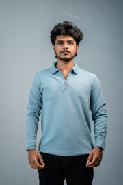 Textured Full Sleeve Korean Zipper Collar Tshirt-Sky Blue