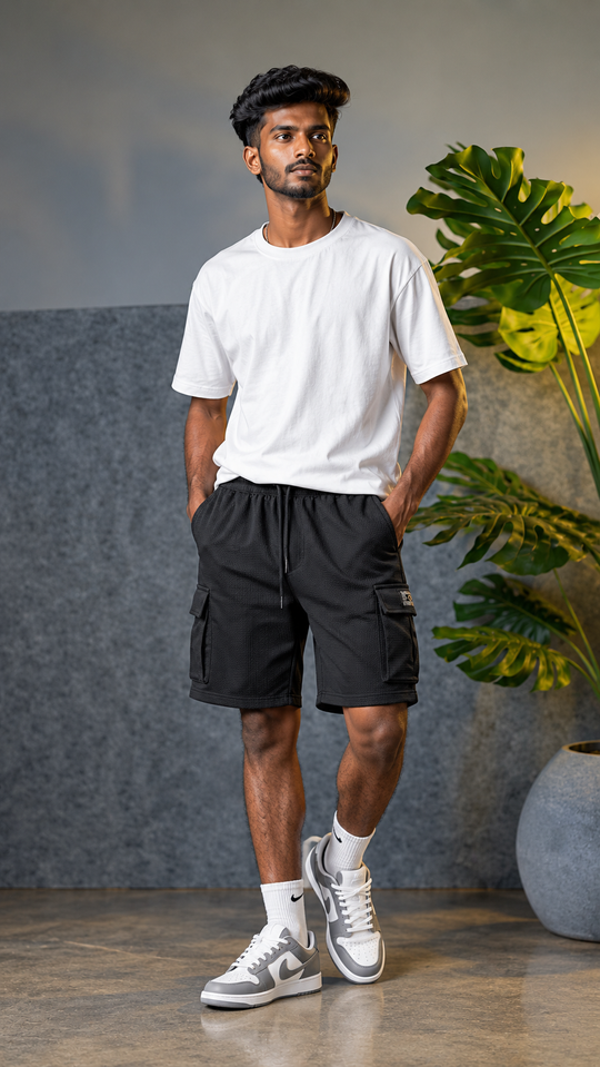 Daily Wear Men's Designer Fabric Textured Cargo Shorts - Black – 7MAN Men's Fashion India