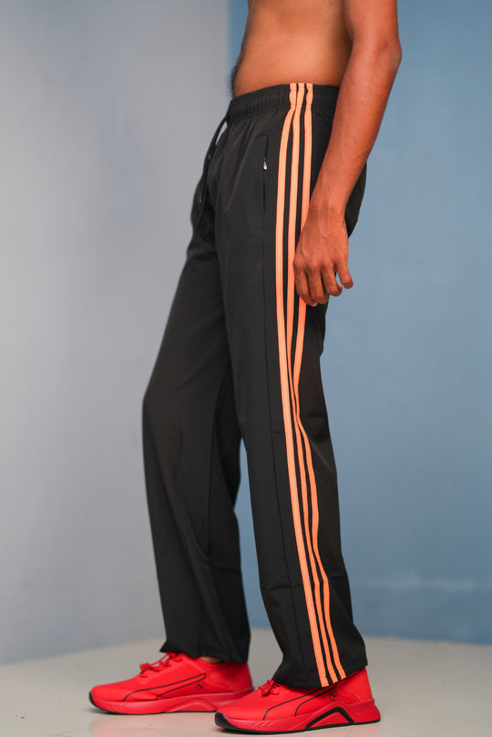 Triple-Stripe Street Baggy Track Pants for Men – Gym & Daily Wear -Black with Orange