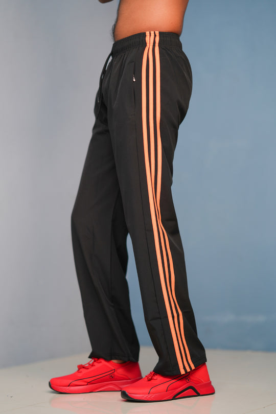 Triple-Stripe Street Baggy Track Pants for Men – Gym & Daily Wear -Black with Orange