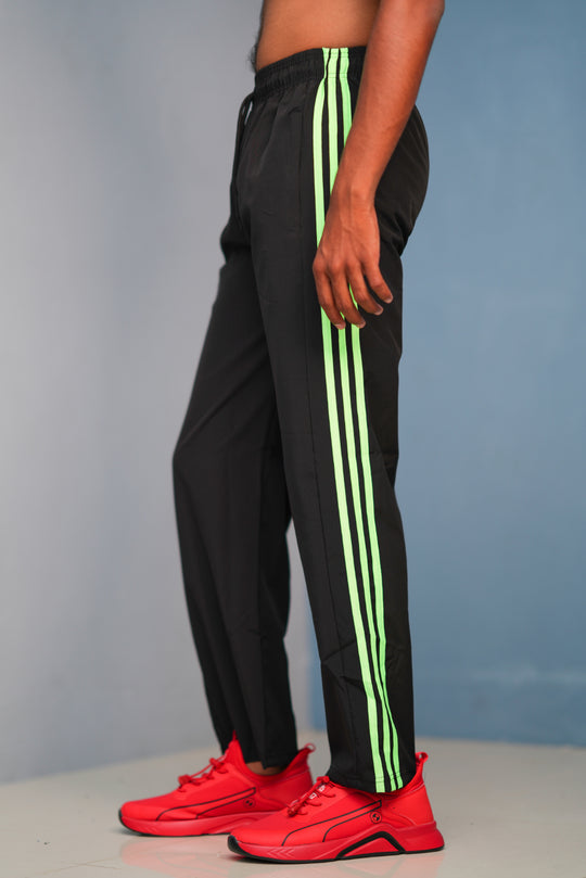 Triple-Stripe Street Baggy Track Pants for Men – Gym & Daily Wear - Black with Green
