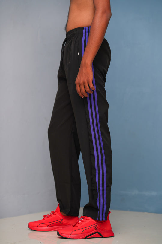 Triple-Stripe Street Baggy Track Pants for Men – Gym & Daily Wear - Black with Violet
