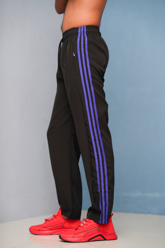 Triple-Stripe Street Baggy Track Pants for Men – Gym & Daily Wear - Black with Violet