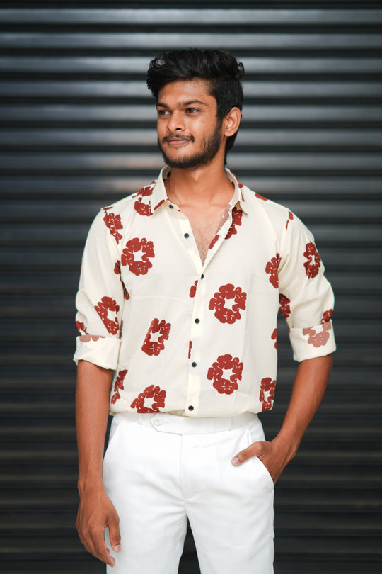 Men’s Printed Floral Design Full Sleeve Casual Shirt  – Cream & Red – 7MAN Men's Fashion India