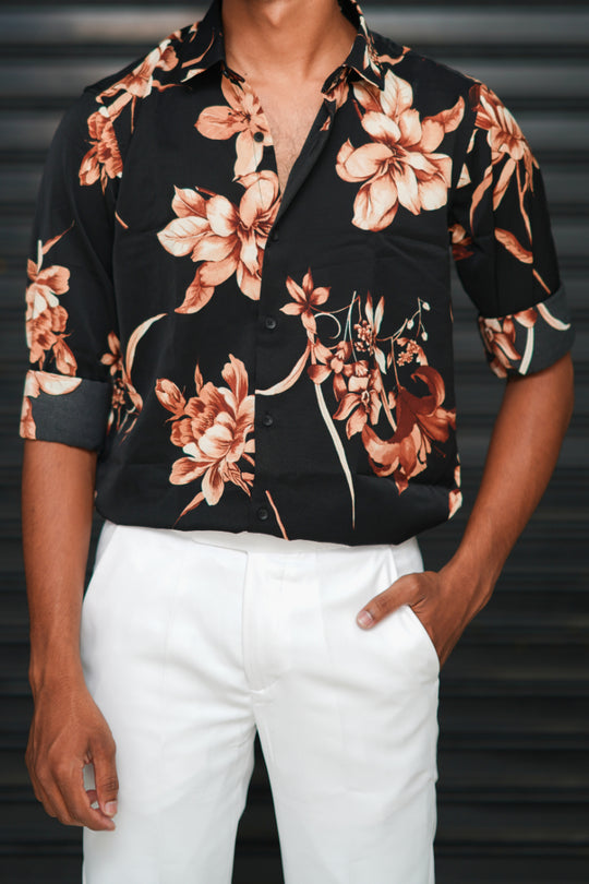 Men’s Printed Floral Design Full Sleeve Casual Shirt  – Black – alternate view – 7MAN India