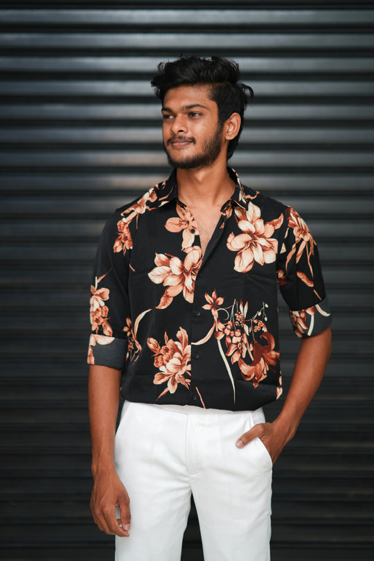 Men’s Printed Floral Design Full Sleeve Casual Shirt  – Black – 7MAN Men's Fashion India