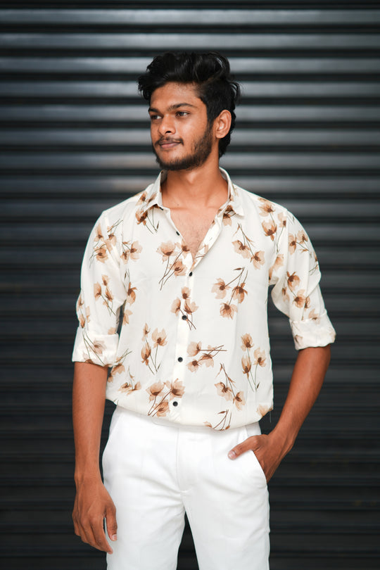 Men’s Printed Floral Design Full Sleeve Casual Shirt - White – 7MAN Men's Fashion India