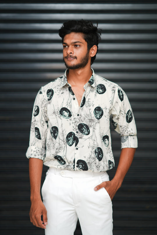 Men’s Mono Pebble Printed Full Sleeve Casual Shirt - White – 7MAN Men's Fashion India