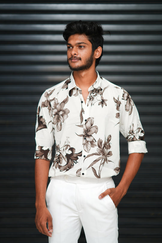 Men’s Ivory Bloom Classic Printed Full Sleeve Casual Shirt - White and Brown – 7MAN Men's Fashion India