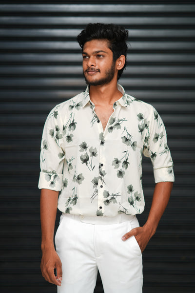 Men’s Sage Leaf Minimal Printed Full Sleeve Casual Shirt - White and Green