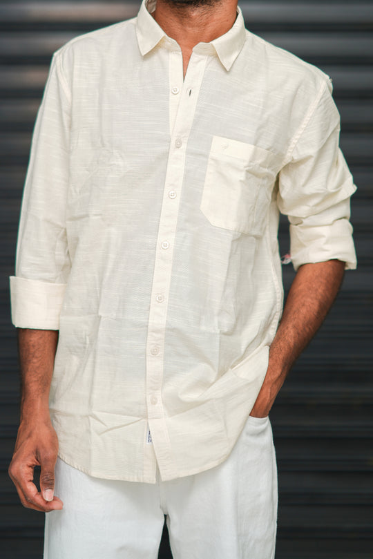 Men’s Full Sleeve Cotton Casual Shirt | Trendy Plain Slim Fit Shirt for Men - Cream White – alternate view – 7MAN India