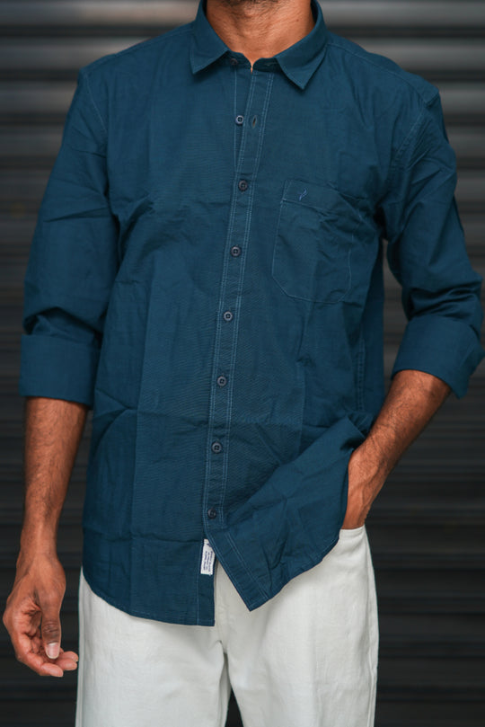 Men’s Full Sleeve Cotton Casual Shirt | Trendy Plain Slim Fit Shirt for Men - Petrol Blue – alternate view – 7MAN India