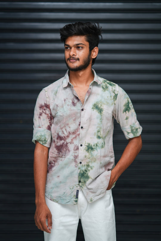 Men’s Tie Dye Printed Shirt – Premium Slim Fit Casual Designer Shirt  - Olive Green & Beige – 7MAN Men's Fashion India